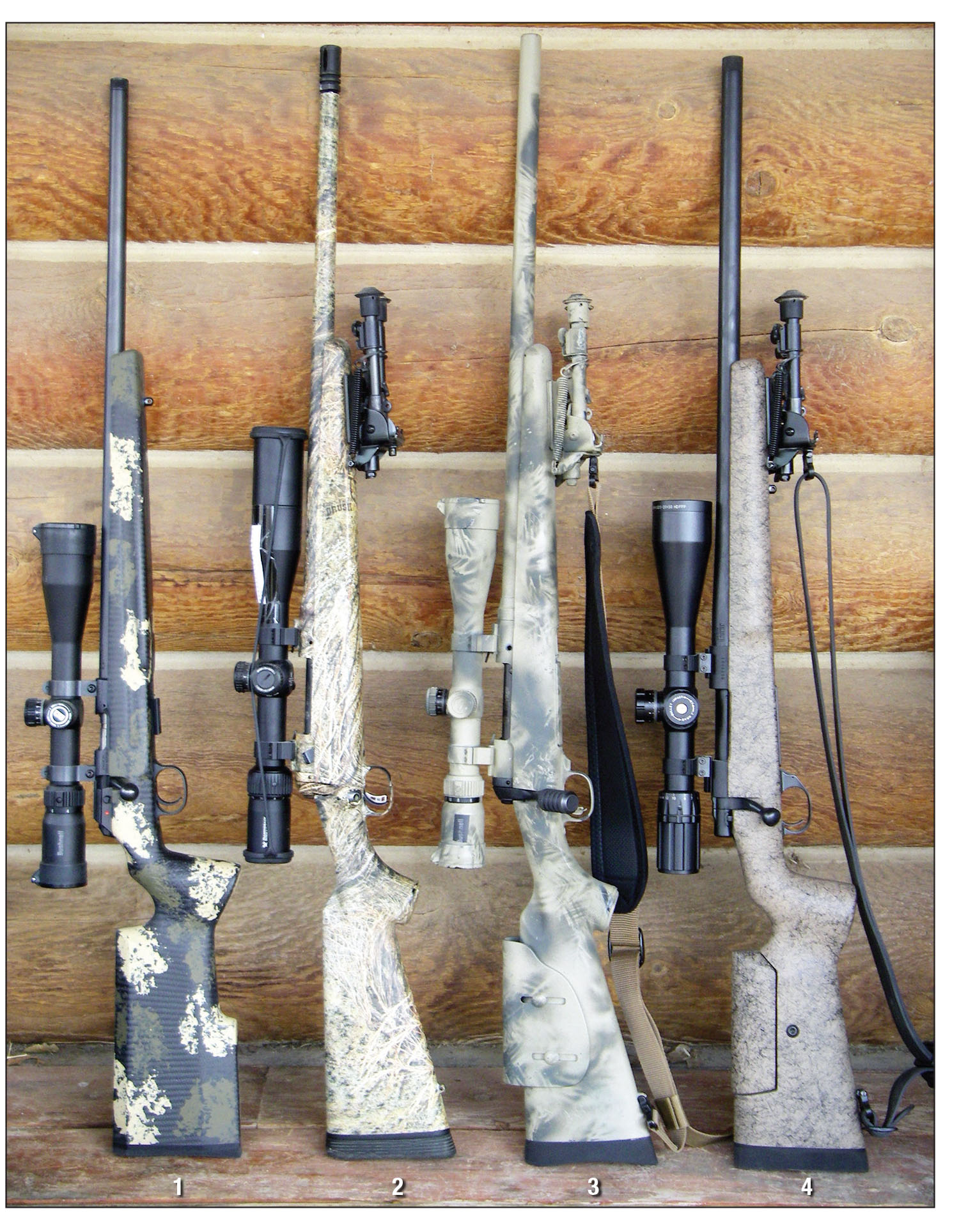Most rifle manufacturers offer factory-built rifles specifically for long-range shooting. Examples include the (1) CZ 457 Varmint Precision Trainer .22 Long Rifle, (2) Savage Model 10 .22-250 Remington, (3) Savage Model 11 .243 Winchester and a (4) Howa Model 1500 .308 Winchester with heavy barrel and custom Bell & Carlson stock.